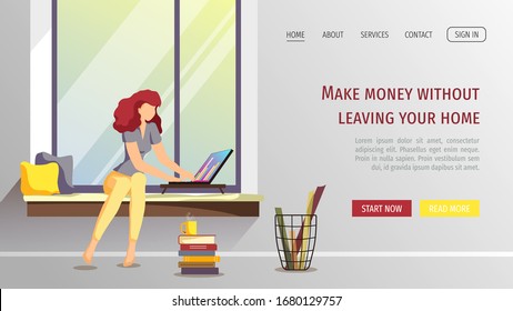 Web page template with young woman working or learning at home. Freelance, work at home, online job, home office, e-learning concept. Vector illustration for poster, banner, website, flyer.