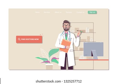 Web page templates collection of finding the closest doctor, hospital, and pharmacy. Flat vector illustration
