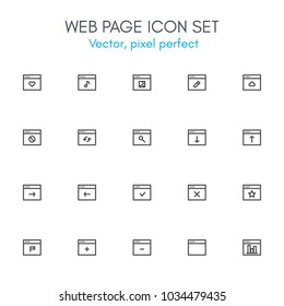 Web page theme, line icon set. Pixel perfect, fully editable stroke, black and white, vector icon set suitable for websites, info graphics, and print media.