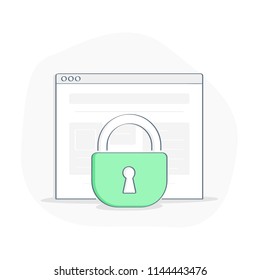 Web page under block, website with lock, secure concept, safety, web  internet site, browser or traffic protection, limited access, ssl connection. Flat line icon concept on white