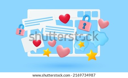 Web page user experience 3d vector concept. Web site page 3d vector. Chat message, forum, client feedback, social media, multimedia. Gaming and online shoping. Internet online entertainment.
