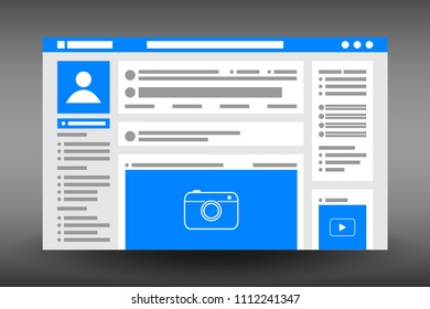 Web page user interface template. Social network website browser window. UI design in flat style. Vector illustration.