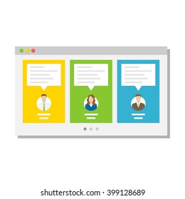 Web page with users' commentaries (comments, testimonials) vector illustration. Web page with vertical textboxes creative concept.
