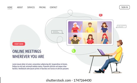 Web page for Video conferencing, Online meeting, Work at home, Distance learning, communication. Group of people talking by internet. Vector illustration for poster, banner, website, commercial.