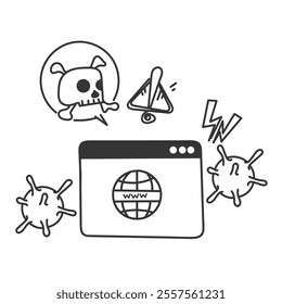 web page virus attack warning illustration in doodle