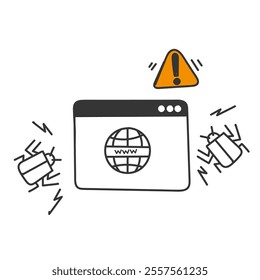 web page virus attack warning illustration in doodle