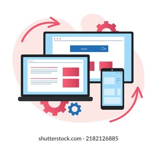Web page visualization. Checking graphic elements on different gadgets and devices. Modern technologies and digital world. Interface development, ui and ux design. Cartoon flat vector illustration