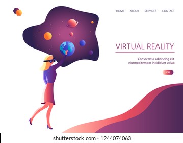 Web page with VR concept. Virtual Reality concept with a woman interacting with imaginary cyberspace universe through VR glasses. Vector illustration