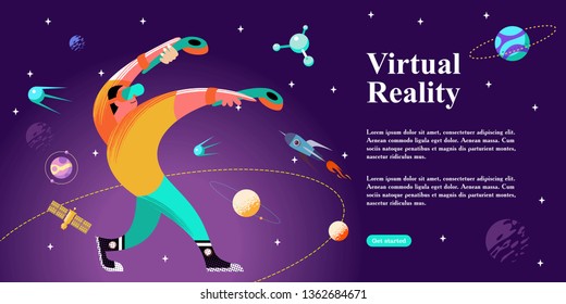 Web page with VR concept. Virtual Reality concept with a man interacting with imaginary universe through VR glasses. Vector illustration.