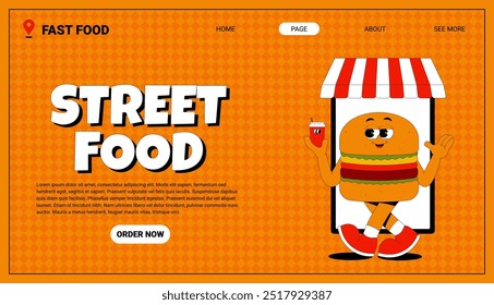 Web page with walking burger character. Street food, fast food, cooking, recipes, restaurant menu concept. Vector illustration for banner, website, poster.