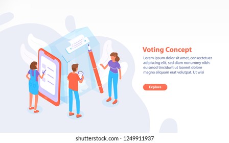 Web page, website or banner template with people standing beside giant ballot box at polling station and voting or taking part in election process. Modern colorful isometric vector illustration.