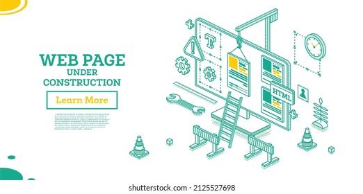 Página Web del sitio web en construcción. Ilustración vectorial. Concepto de contorno isométrico. Monitorear con elementos de diseño y rana. Plantilla para la página de mantenimiento en curso.