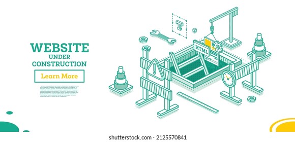 Web Page of Website Under Construction. Vector Illustration. Isometric Outline Concept. Traffic Cones and Road Barrier. Crane Lower the Design Elements Down. Template for Under Maintenance Page.