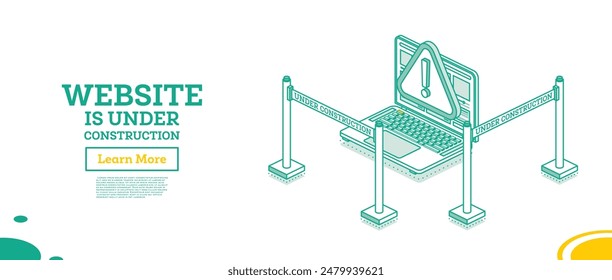 Web Seite der Website im Bau. Warnfehler. Vektorillustration. Isometrisches Gliederungskonzept Laptop und tragbare Bandsperre. Fechtband. Vorlage für die Wartungsseite.