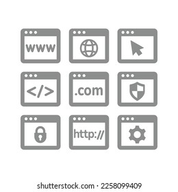 Web page with www and .com vector icon set. Internet site browsing, secured and cursor arrow icons.