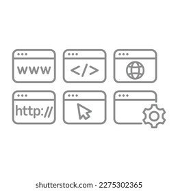 Web page with www and .com vector line icon set. Internet site browsing, secured and cursor arrow icons.