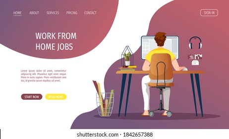 Página web con un joven trabajando en casa en la mesa. Freelance, trabajo en casa, trabajo en línea, oficina en casa, concepto de e-learning. Ilustración vectorial para afiches, banner, sitio web, publicidad.