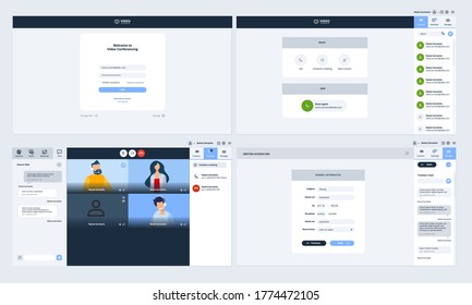 Webseiten Design-Vorlage für Videoaufrufe. Vektorgrafik-Konzept von Login, Kontakt, Video-Treffen, Zeitplanung, Chat und Nachrichten-Seiten, für die Website- und App-Entwicklung. 