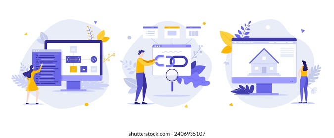 Web pages development process flat concept vector illustrations set. Directory and link building for user comfort cartoon composition. Internet sources creation idea for website, presentation