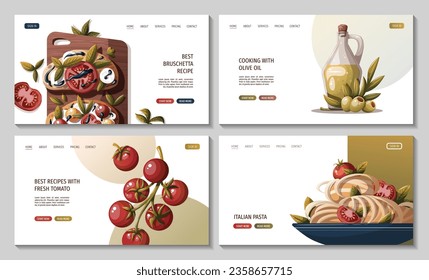 Páginas web con pasta italiana, bruschetta, aceite de oliva, tomates. comida italiana, cocina, recetas, concepto de menú de restaurante. Ilustración vectorial para websiter, banner.