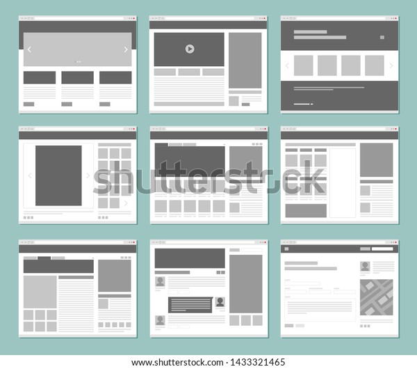 Web pages\
layout. Internet browser windows with website elements interface ui\
template vector design. Illustration of window browser, website\
menu or homepage\
architecture