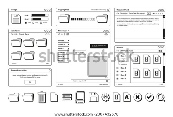 Web pages layout templates in retro style\
digital screen symbols icons dividers frames banners buttons garish\
vector flat illustration
