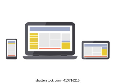 Web pages on popular gadgets: laptop, tablet, smartphone/ Set vector illustration