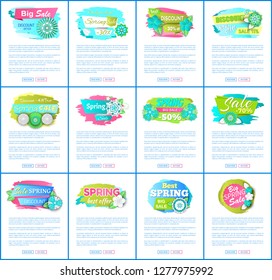 Web pages with sale advertisements templates. Vector sites mockups with spring sale labels, blooming flowers and discounts, text sample on shopping vouchers