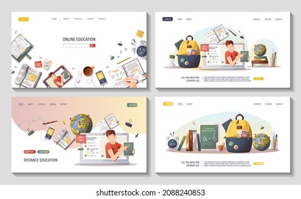 Web pages with study supplies for Studying, education, learning, back to school, student, stationery. Vector illustration for poster, banner, website, advertising.