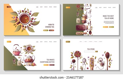 Web pages with teapots, jar of loose tea, teacups. Tea shop, cafe-bar, tea party, beverages concept. Vector illustration for poster, banner, website, menu, advertising. 