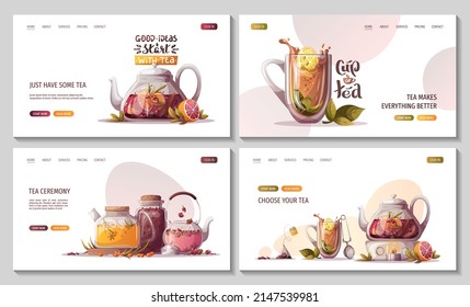 Web pages with teapots, jar of loose tea, teacups. Tea shop, cafe-bar, tea party, beverages concept. Vector illustration for poster, banner, website, menu, advertising. 