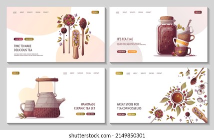 Web pages with teapots, jar of loose tea, teacups. Tea shop, cafe-bar, tea party, beverages concept. Vector illustration for poster, banner, website, menu, advertising. 