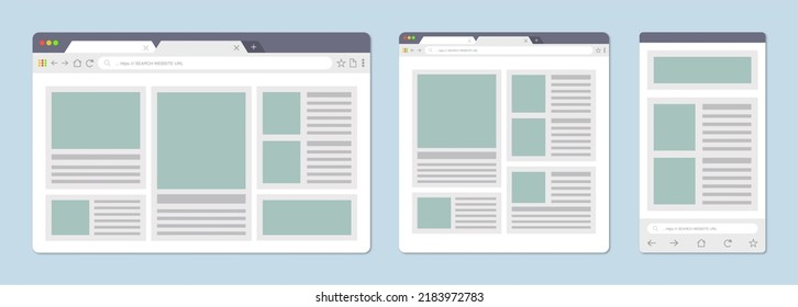 Plantilla de páginas web para móviles, tablets, equipos. Ventanas de explorador de Internet con interfaz de usuario de elementos de sitio web.