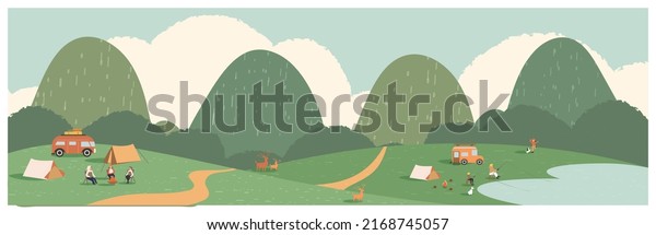 Web\
panoramic vector illustration of Summer mountain camping.School’s\
out stories of children and families enjoying their long-awaited\
vacations and staycations.Let’s go to\
summer