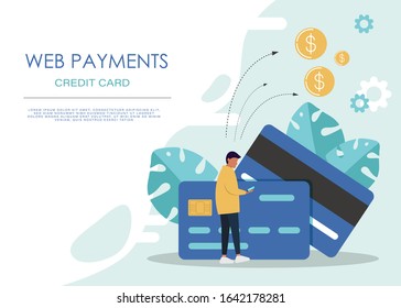 Web payment or money transfer concept. E-commerce market shopping online illustration with tiny people character. template for web landing page, banner, presentation, social media, print media.