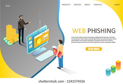 Web phishing landing page website template. Vector isometric illustration of fraudster fishing user private confidential account information. Malware cyber hacker attack, internet phishing concept.