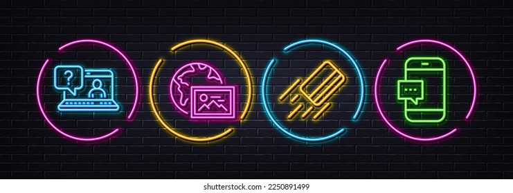 Web photo, Credit card and Faq minimal line icons. Neon laser 3d lights. Smartphone message icons. For web, application, printing. Image placeholder, Bank payment, Web support. Cellphone chat. Vector
