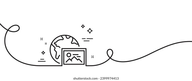 Icono de línea de foto web. Una línea continua con curl. Signo de miniatura de la imagen. Símbolo de marcador de posición del álbum de imagen. Cinta de esquema simple de foto web. Patrón de curva de bucle. Vector