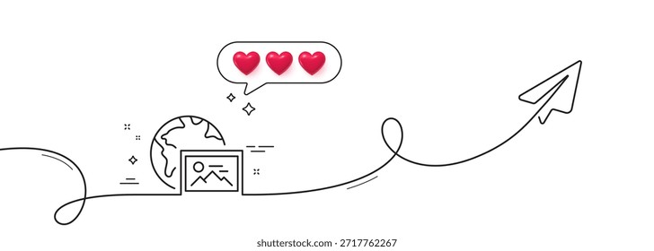 Web photo line icon. Continuous line with share plane. Image thumbnail sign. Picture album placeholder symbol. Hearts rate review in speech bubble. Web photo single line ribbon. Vector