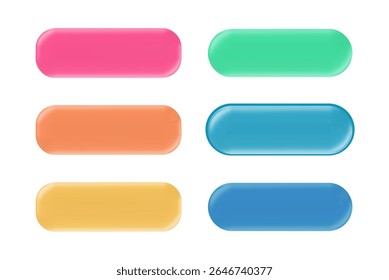 Web pill button with gradient for download design and push or play features. Long contact rectangle in modern ui app interface with vibrant colors. Colorful vector set for digital banners and cta.