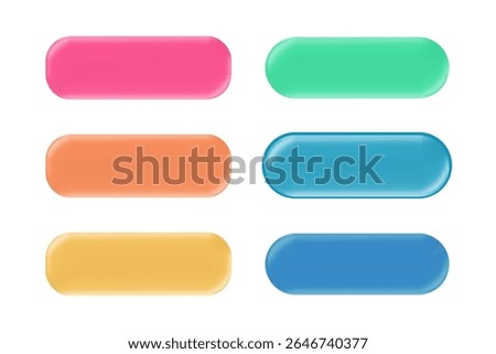 Web pill button with gradient for download design and push or play features. Long contact rectangle in modern ui app interface with vibrant colors. Colorful vector set for digital banners and cta.