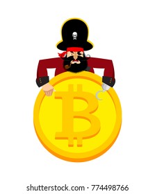 Web Pirate and bitcoin. Hacker. Thief and crypto currency. Steal virtual money. Vector illustration