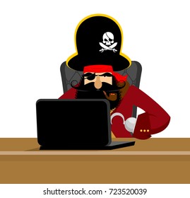 Web pirate and laptop. internet hacker and PC. buccaneer and computer. Eye patch and smoking pipe. pirates cap. Bones and Skull. See animal filibuster