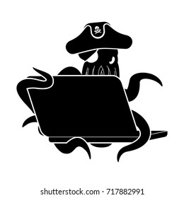 Web pirate Octopus and laptop. poulpe internet hacker and PC. devilfish buccaneer and computer. Eye patch and smoking pipe. pirates cap. Bones and Skull. See animal filibuster