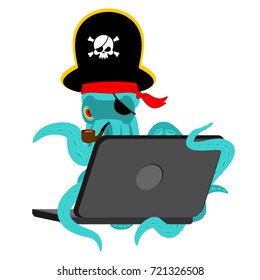 Web pirate Octopus and laptop. poulpe internet hacker and PC. devilfish buccaneer and computer. Eye patch and smoking pipe. pirates cap. Bones and Skull. See animal filibuster