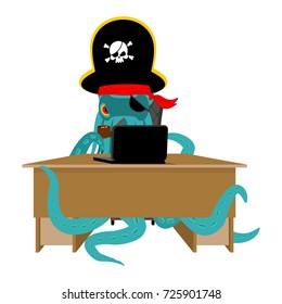 Web pirate Octopus and laptop. poulpe internet hacker and PC. devilfish buccaneer and computer. Eye patch and smoking pipe. pirates cap. Bones and Skull. See animal filibuster