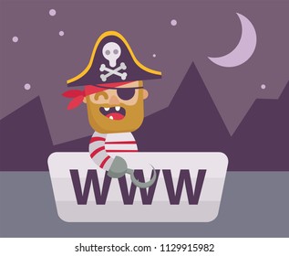Web pirate in www boat. Сopyright infringement concept. Flat design cartoon style. Vector illustration