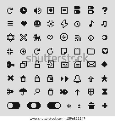 Web pixel art icons big set, design for mobile interface, logo, website, app, smile.  1-bit. Music, charging, clouds, update, mail, sound, wifi, smile and security. Isolated vector illustration.