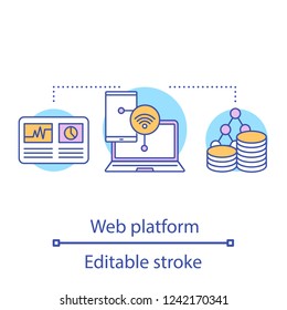 Web platform concept icon. Web hosting. Database, server. Data analytics. Computing idea thin line illustration. Device synchronization. Vector isolated outline drawing. Editable stroke