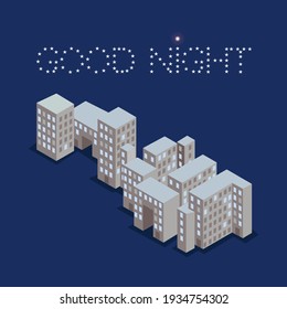 Ilustración vectorial del bloque de edificios de varias plantas sobre el fondo azul oscuro y texto buena noche de estrellas sobre el edificio